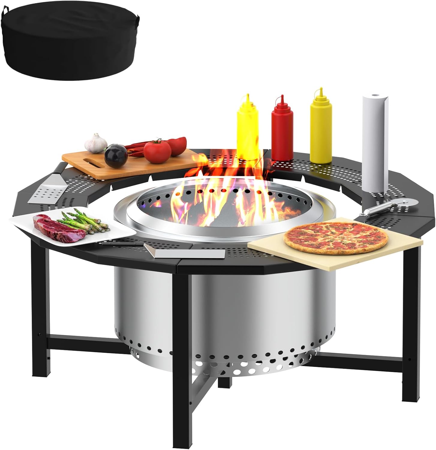 38 Inch Fire Pit Surround Tabletop for Solo Stove Bonfire/Ranger/Tiki Accessories,Smokeless Fire Pit Table & Dust Cover for Solo Stove and Other Wood Burning, Powder-Coated Steel Stove Table Surround