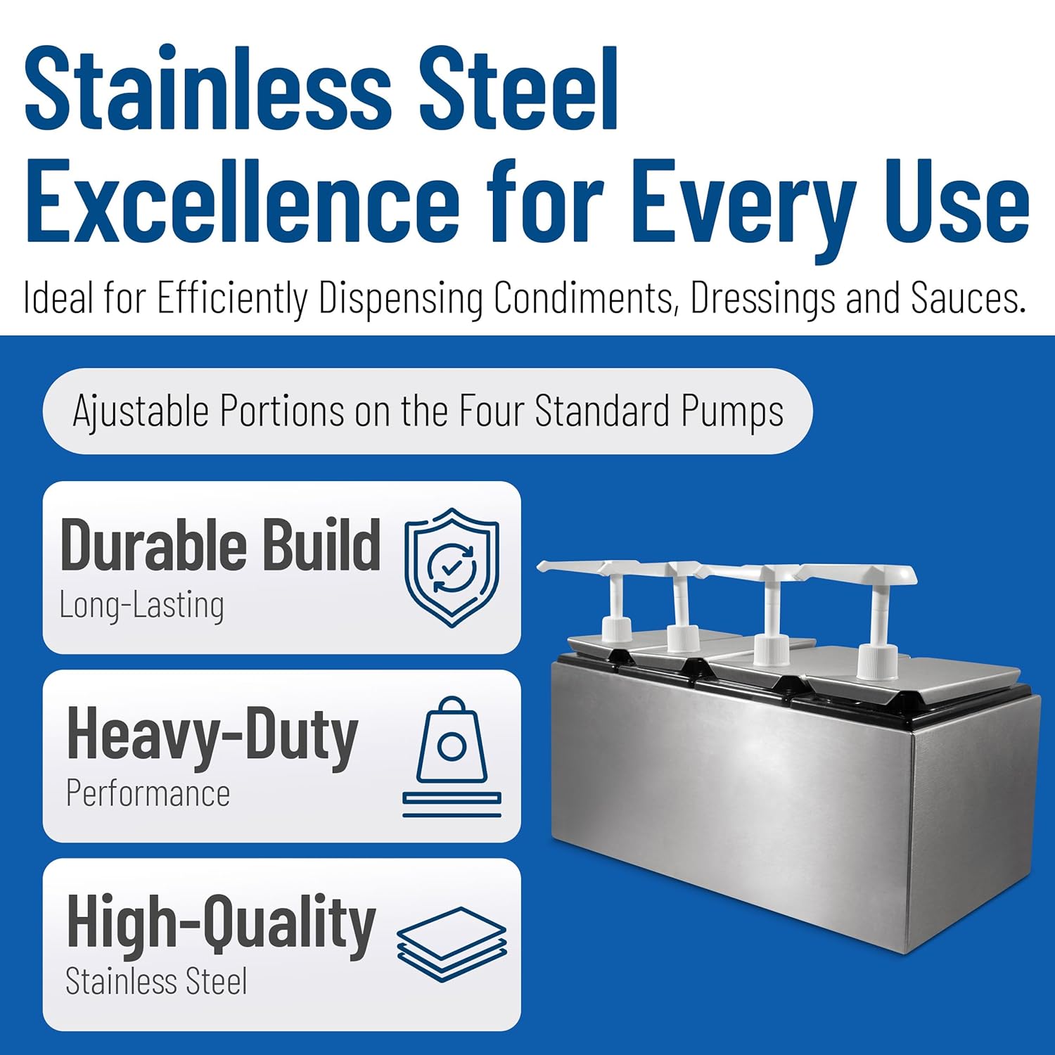 Carlisle FoodService Products Condiment Rail Condiment Center with 4 Standard Pumps for Gas Stations, Restaurants, and Fast Food Stainless Steel, 19.25 X 7.75 X 12.5 Inches, Silver