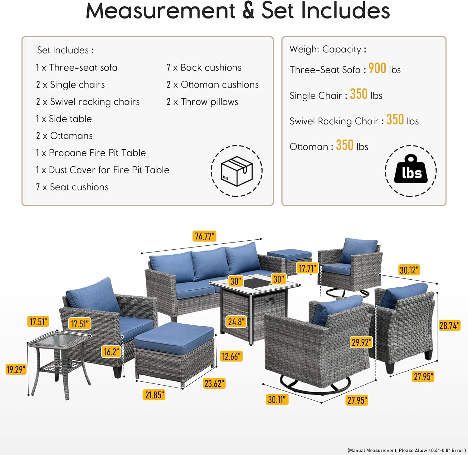 HOOOWOOO Patio Outdoor Conversation Set with Fire Pit Table,9 Piece Modern Outside Furniture with Swivel Rocking Chairs,PE Wicker Out Door Furniture Sofa and Ottoman Set(Denim Blue)