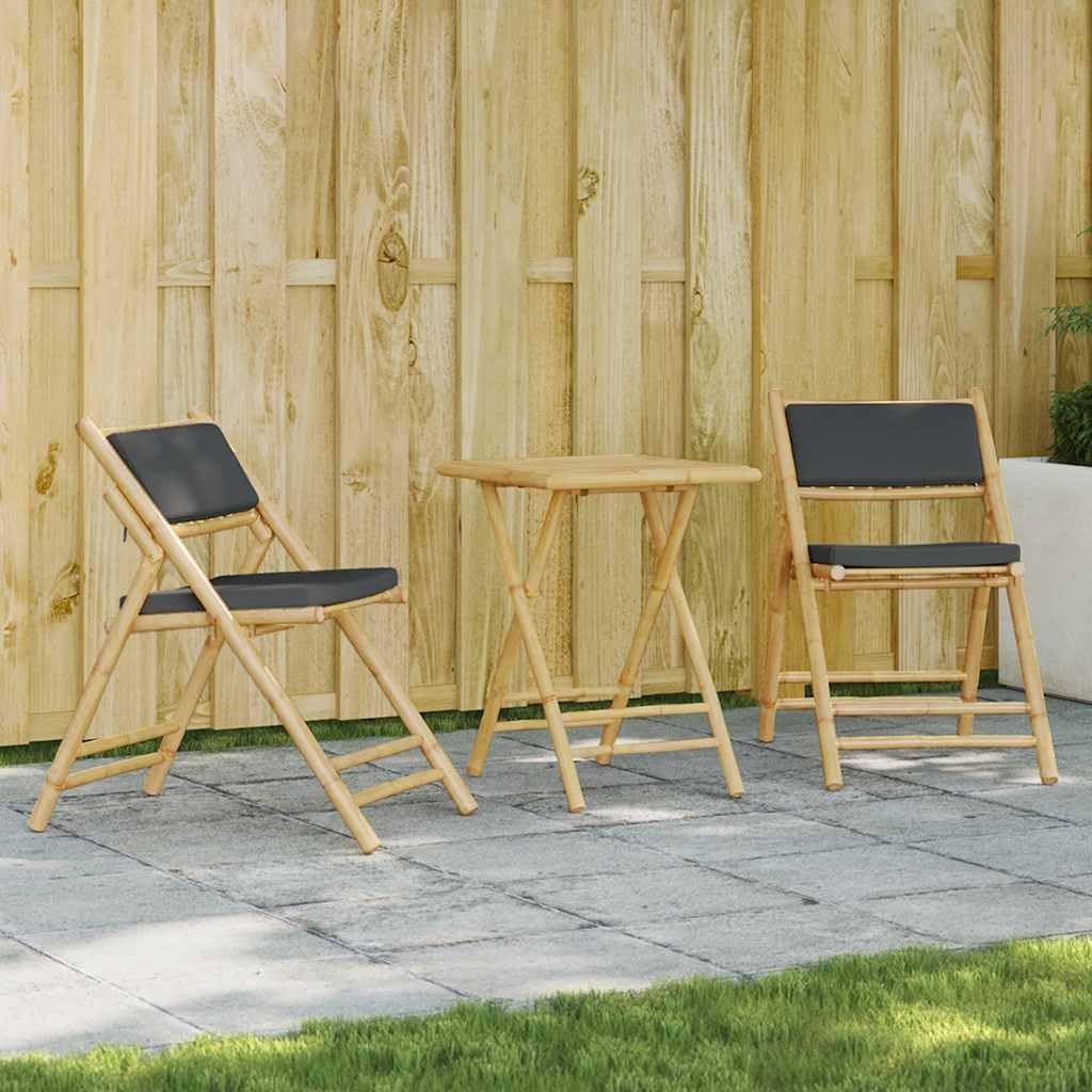 3 Piece Folding Bistro Set with Dark Gray Cushions Bamboo Garden Furniture
