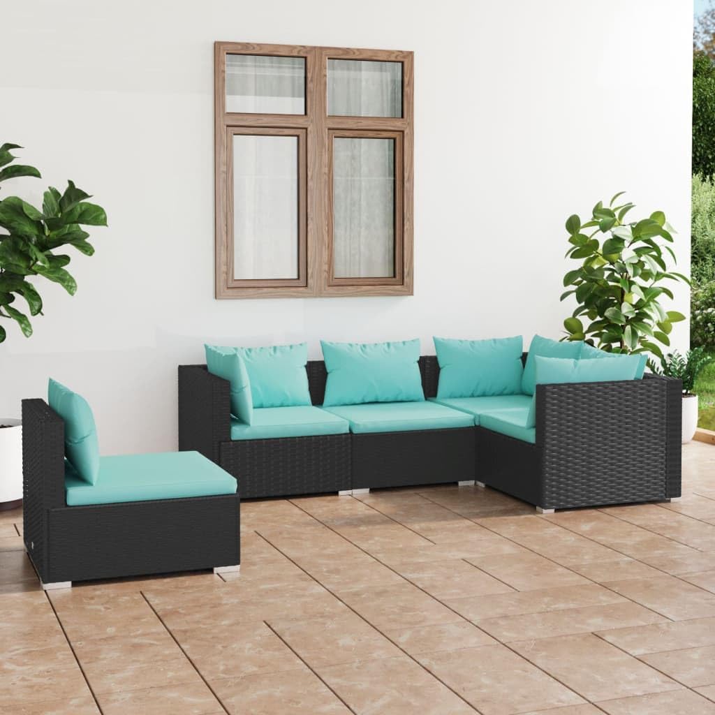 5 Piece Patio Lounge Set with Cushions Poly Rattan Black,Black Outdoor Patio Lounge Set with Water Resistant Material and Modular Design Patio Furniture, Outdoor Furniture Sets