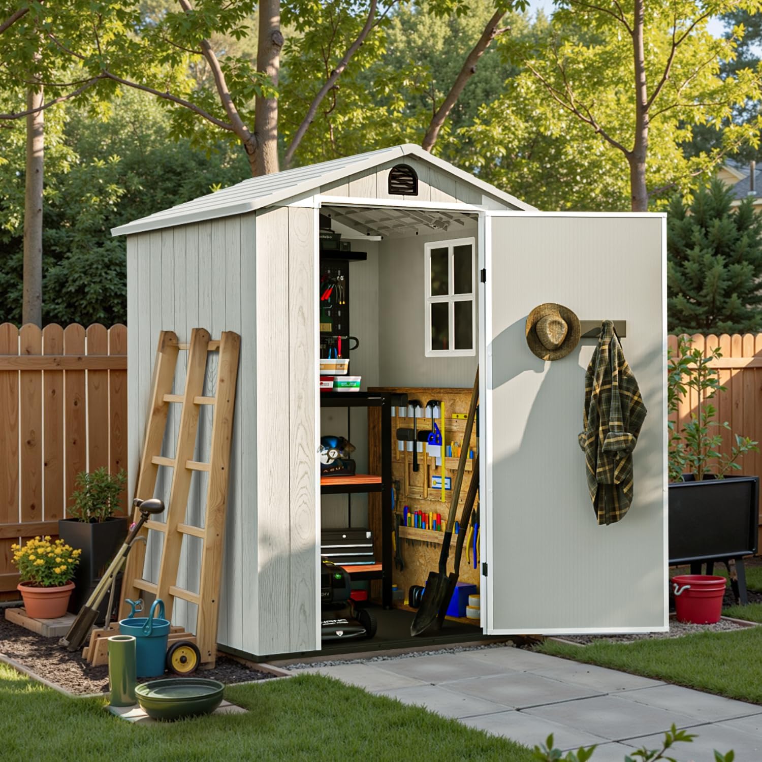 Patiowell 4 x 4 FT Plastic Outdoor Storage Shed with Floor, Garden Tool Shed with Two Windows and Single Lockable Door for Garden, Backyard, Lawn, Easy to Install, Light Grey