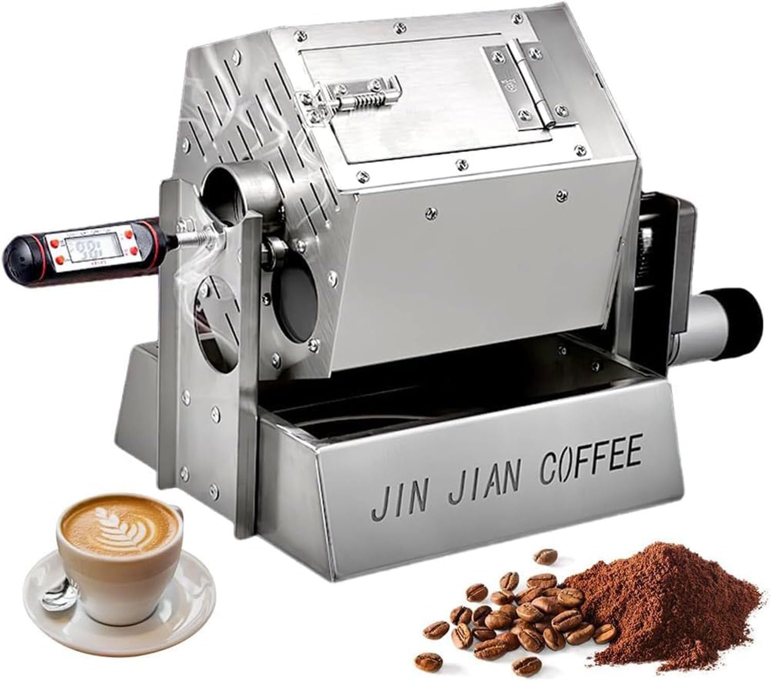 3.4l Stainless Steel Coffee Bean Roaster,Drum Gas Coffee Bean Baker Roasting Machine with Thermometera,5-55rpm/Min Speed and 1.7〜2.2lb/Bake Capacity,360° Constant Temperature