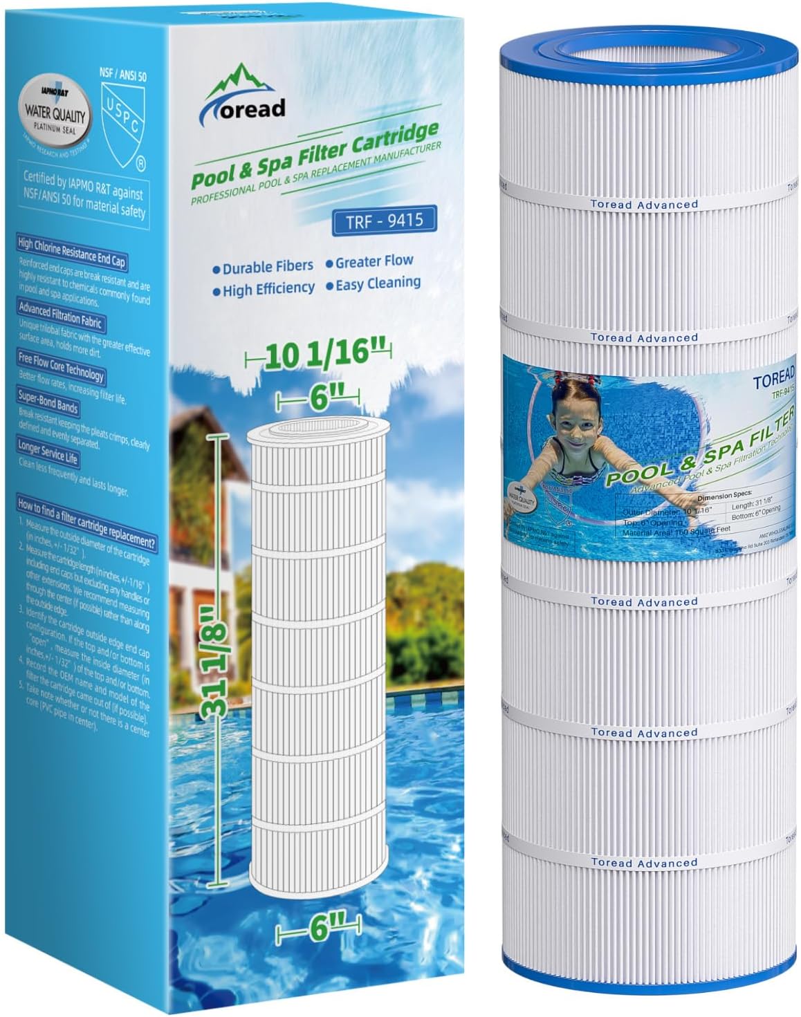 TOREAD Pool Filter Replacement for Pentair CC150, CCRP150, PAP150, PAP150-4, Ultral-C4, PP-C4, Unicel C-9415, R173216, 59054300, Filbur FC-0687, 160317, 160355, 160352, L x OD: 31 1/8