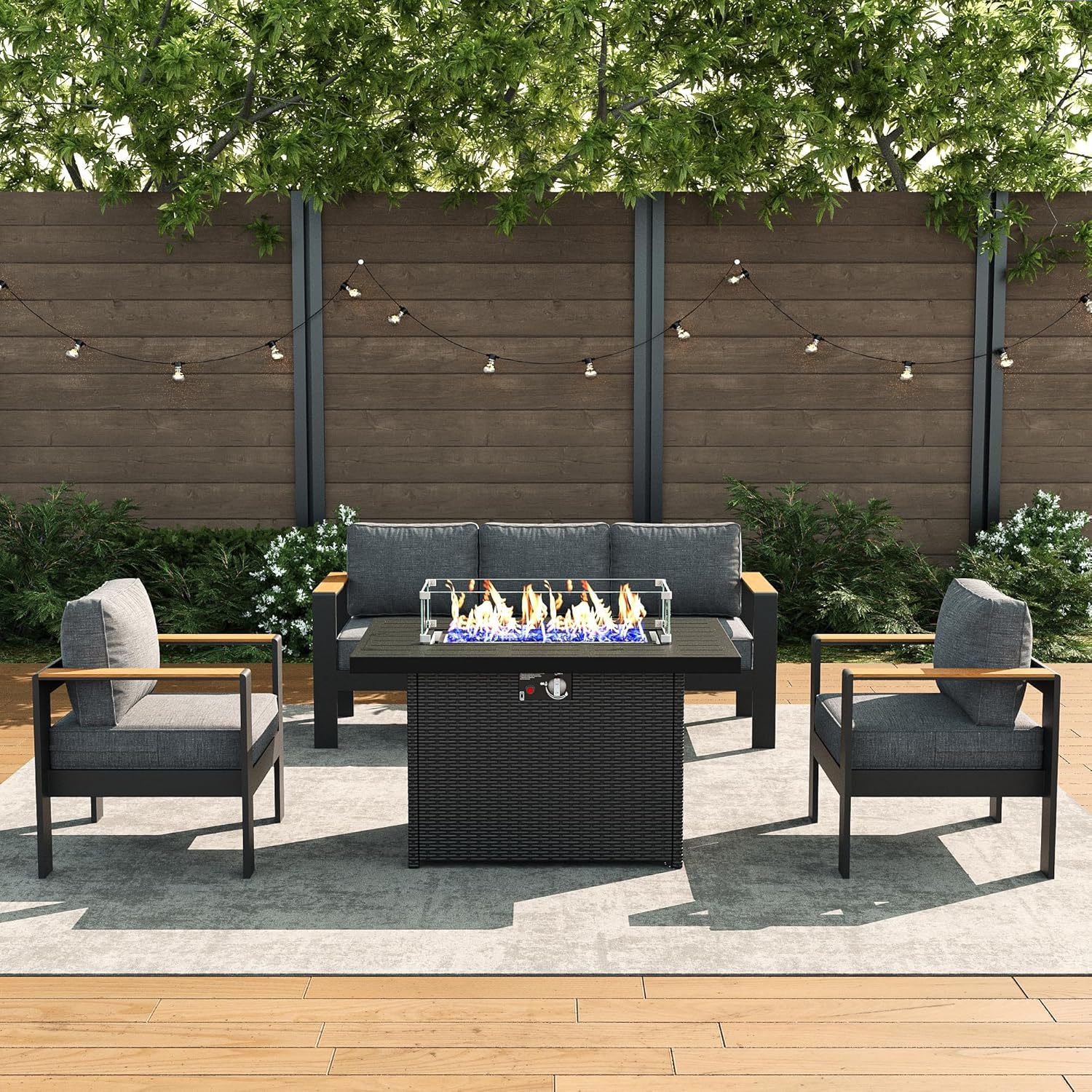 LayinSun 4 Piece Aluminum Outdoor Furniture Set with Fire Pit Table, Outside Patio Deep Seating Conversation Set with Upgraded Washable Thick Cushion