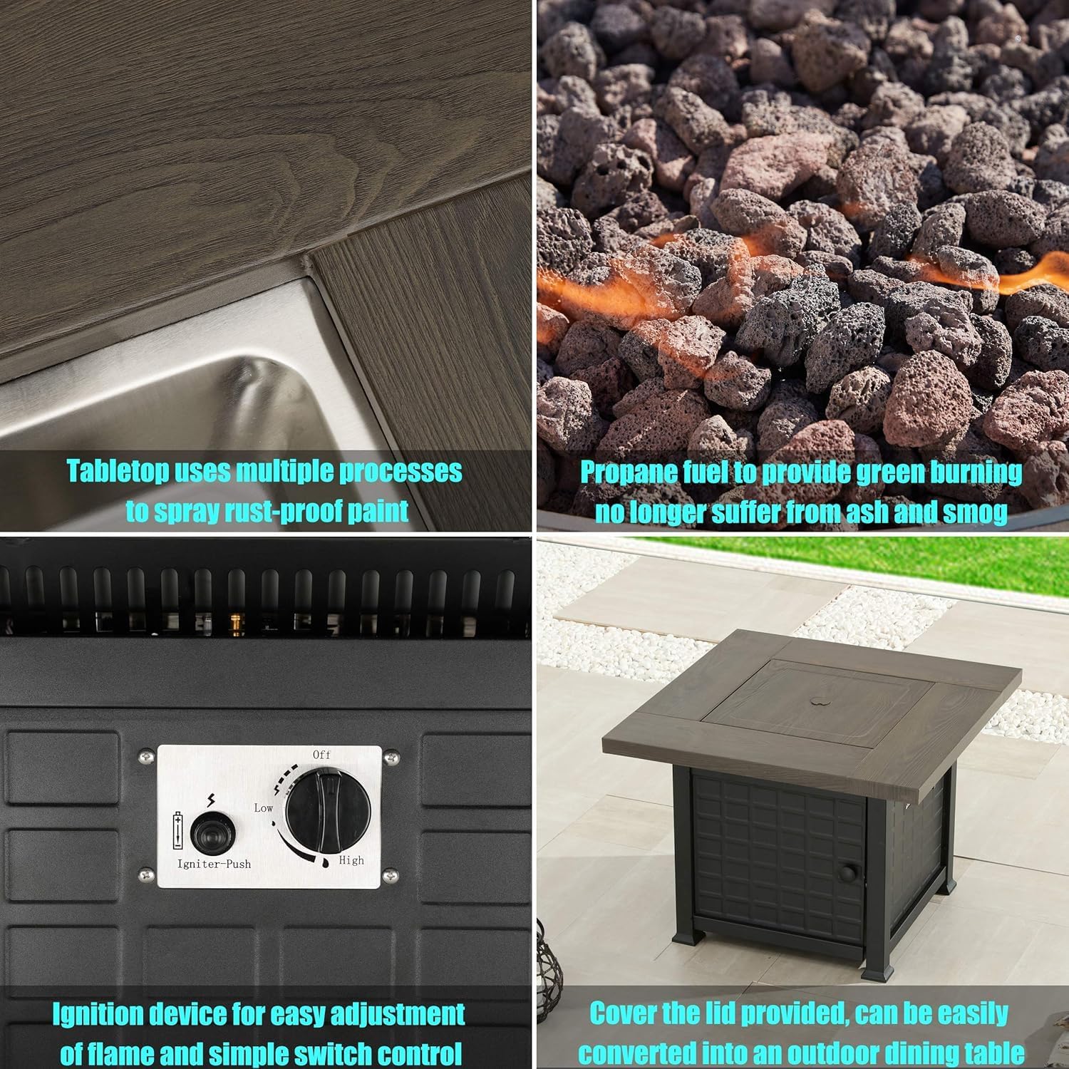 LOKATSE HOME Patio Outdoor Square Fire Table Pit CSA Certification Approval 50,000 BTU Auto-Ignition Outdoor Propane Gas Fire Pit Table with Steel Cover