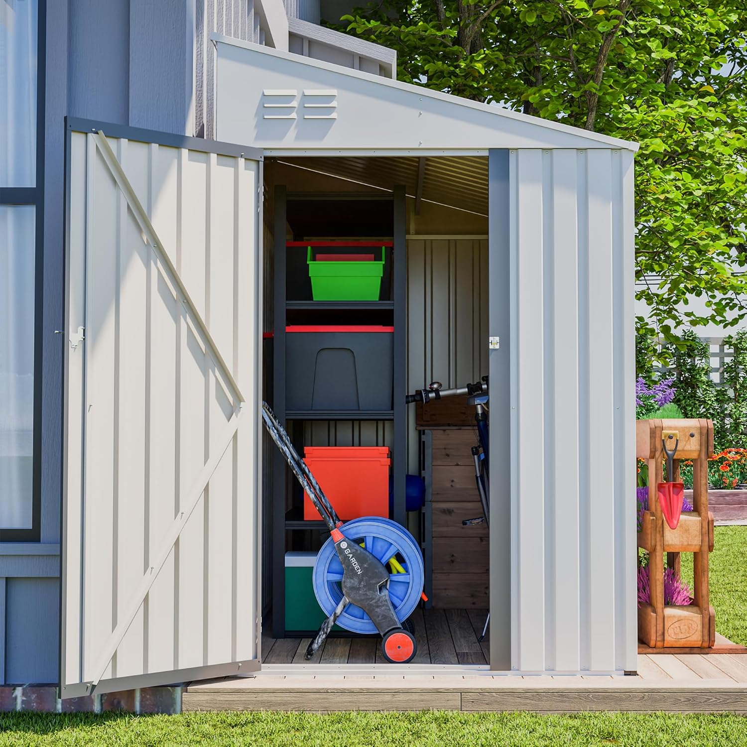 4×7 FT Outdoor Metal Storage Shed,Heavy-Duty Lean to Storage Shed with Lockable Door and Reinforced Beams,All Weather Waterproof Storage House W/2 Air Vents,for Backyard,Patio,Lawn,White