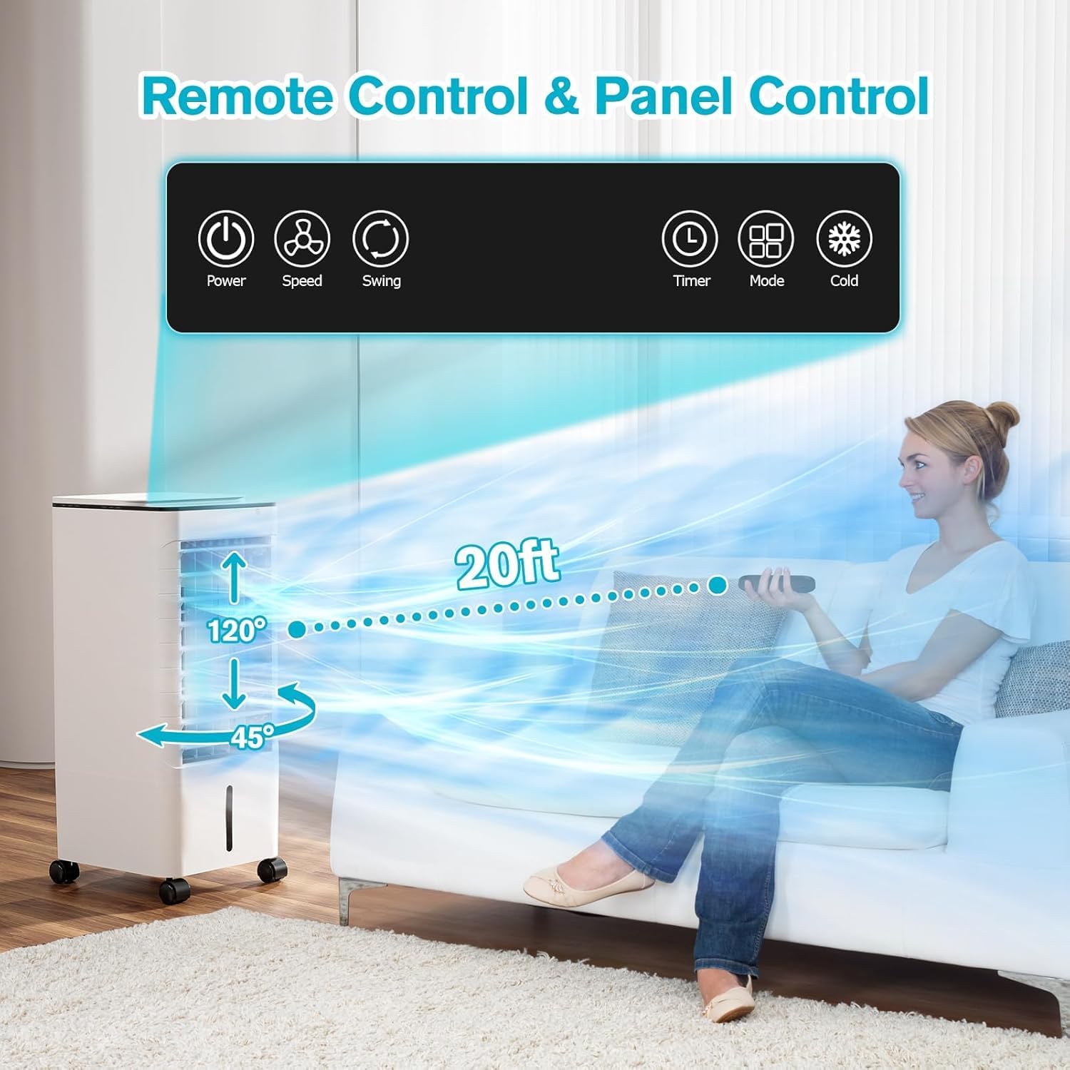 Windowless Portable Air Conditoners, 3-IN-1 Portable AC with Remote, 12H Timer &1.16Gal Tank, 45° Oscillation, 3 Modes 3 Speeds, Fast Cooling Quiet Ventless Swamp Cooler for Room Home Office, Ivory