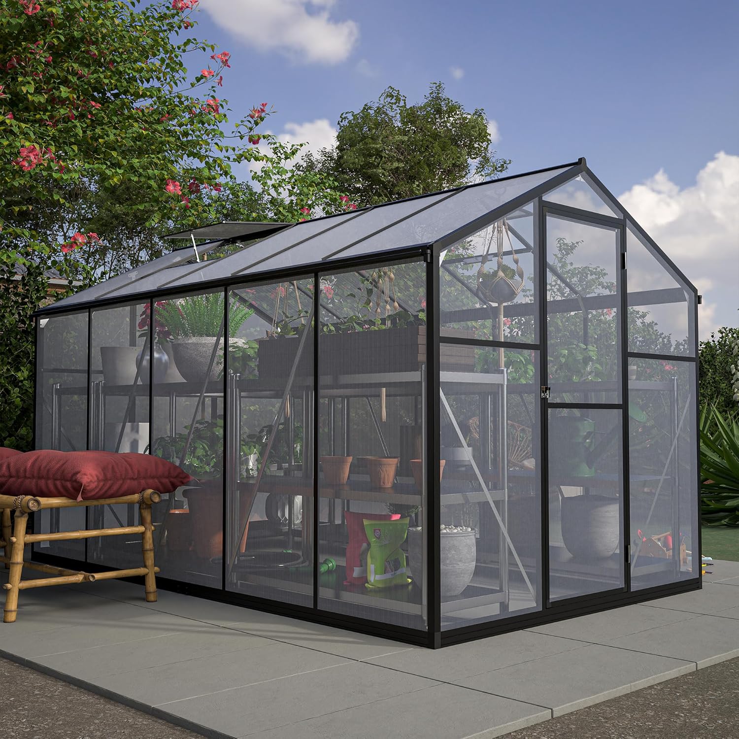 Favfurish 6x10 FT Greenhouses for Outdoors,Heavy Duty Polycarbonate Greenhouse,Lockable Walk-in Green House Sunroom w/ Roof Vent,Aluminum Hot House for Garden Plants Backyard Patio,Black