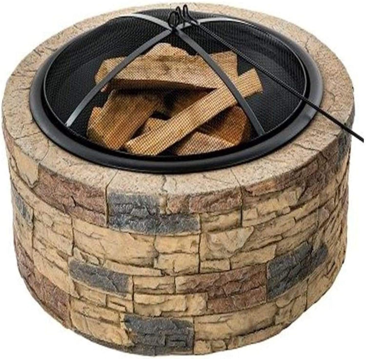 Fire Pit BBQ Grill Fire Bowl Round Charcoal Heating Brazier Imitation Stone Wood Grain Stove