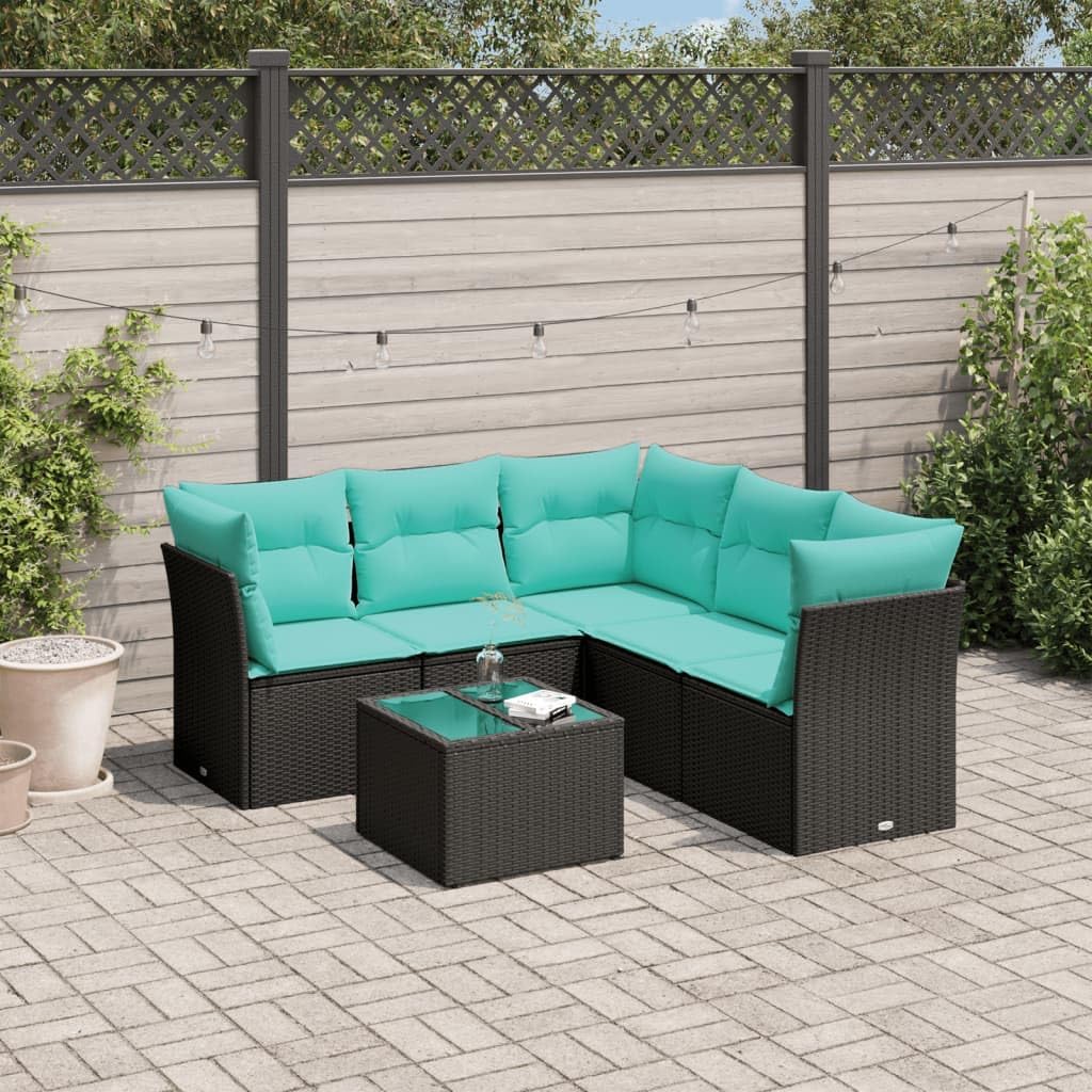 6 Piece Patio Sofa Set with Cushions, Black Poly Rattan Outdoor Furniture, Tempered Glass Tabletop, Modular Design for Backyard, Terrace