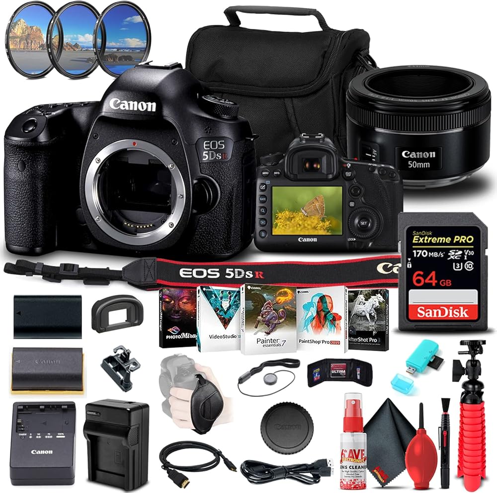 Canon EOS 5DS R DSLR Camera (Body Only) (0582C002) + Canon EF 50mm Lens + 64GB Memory Card + Filter Kit + LPE6 Battery + External Charger + Card Reader + Corel Photo Software + Case + More (Renewed)