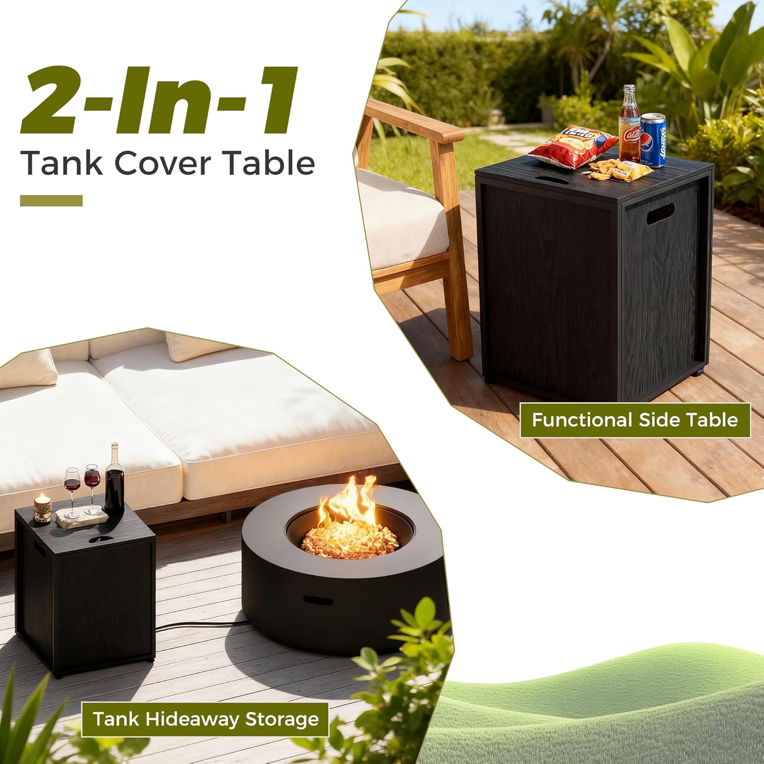 Propane Tank Cover Table 20lb, Propane Tank Storage Box with Portable Handle, Outdoor and Indoor Gas Cover Table for Fire Pit, Rust Prevetion, Waterpoof, Black Oak