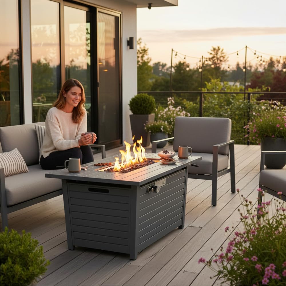 Modern Outdoor Propane Fire Pit Table with Lid and Lava Rocks, Steel Construction for Patio Garden Backyard Deck Heating and Ambiance
