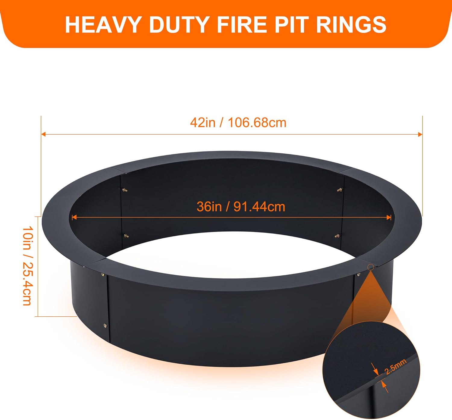36 inch Inner Fire Pit Ring, Outdoor 2.5MM Steel Firepit Ring 42 inch Outer Large Bonfire Fire Pit Insert Round, In-Ground Fire Pit, Outside Wood Burning DIY for Camping Garden Patio