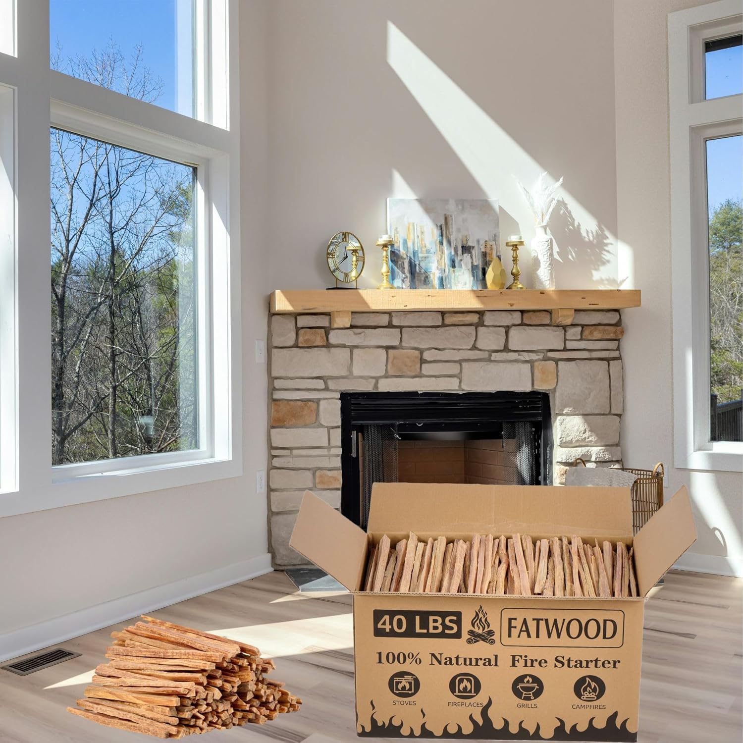 40 lbs Fatwood Fire Starter Sticks,100% Natural Pine Kindling Wood,Resin-Rich Firestarter for Campfire,Fireplace,Stove，Bonfire,Grill & Outdoor Use