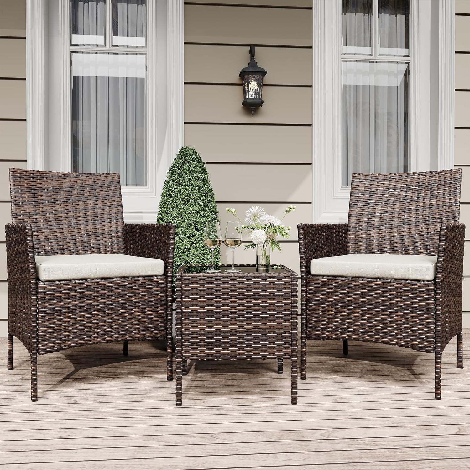 3 Piece Patio Furniture Set, Outdoor Patio Wicker Sofa Set with Upholstery and Glass Table, All Weather Conversation Rattan Sofa for Lawn, Pool, Backyard, Garden, Porch, Brown