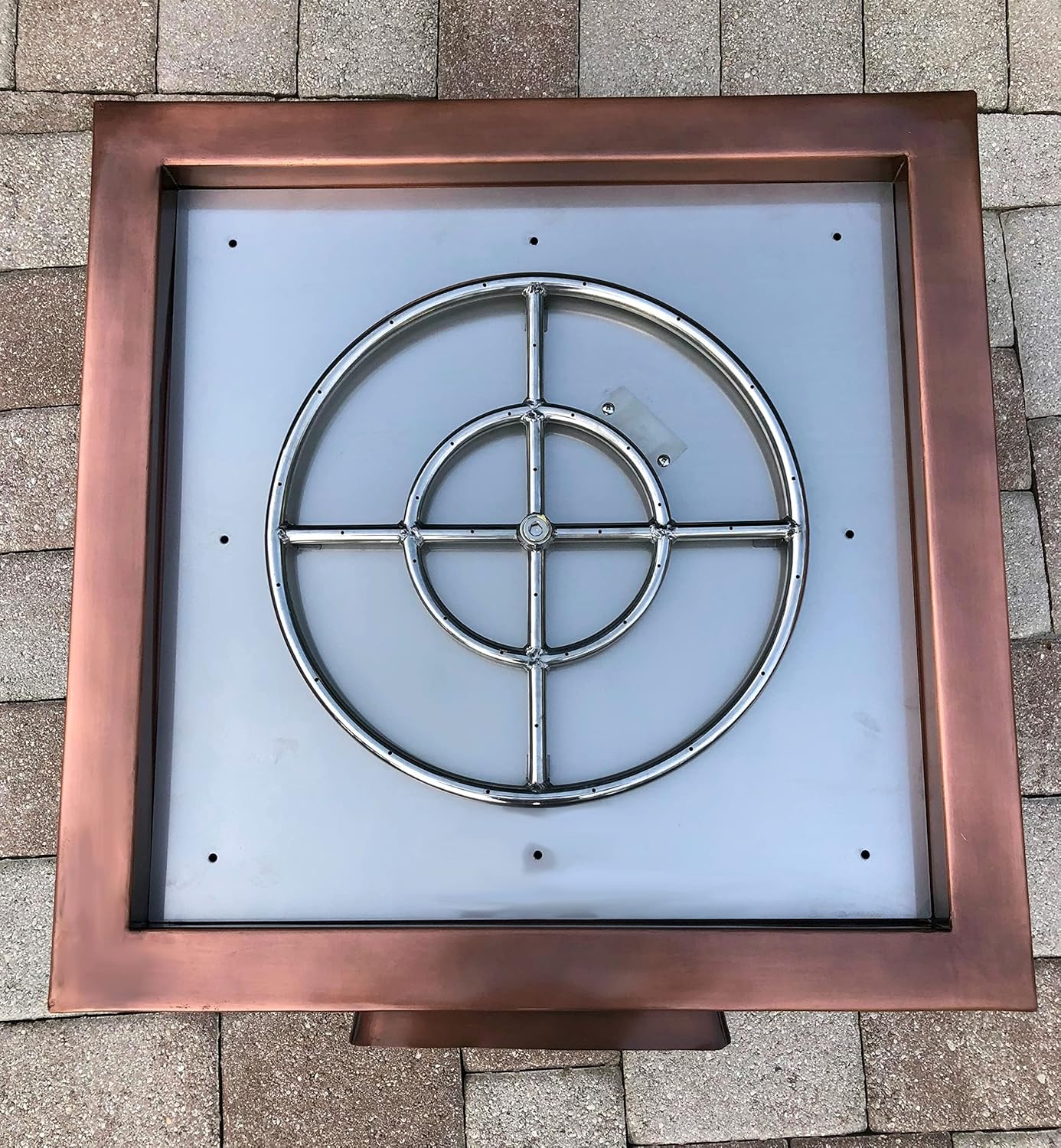 30 Inch Hammered Copper Water Bowl Fountain Square Propane or Natural Gas Fire Pit with 18 inch Diameter Burner Ring 147,000 BTU