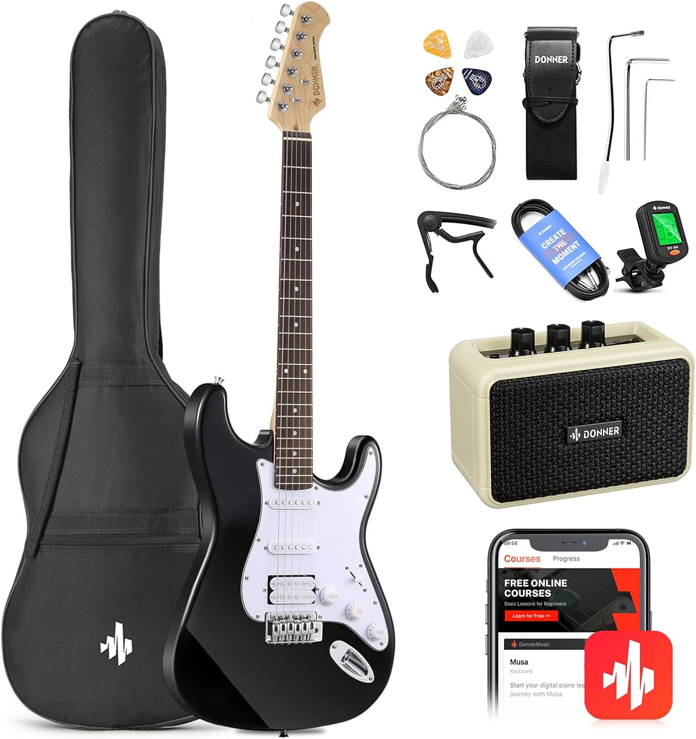 Donner DST-100B 39 Inch Electric Guitar Beginner Kit Solid Body Full Size Black HSS for Starter, with Amplifier, Bag, Digital Tuner, Capo, Strap, String,Cable, Picks
