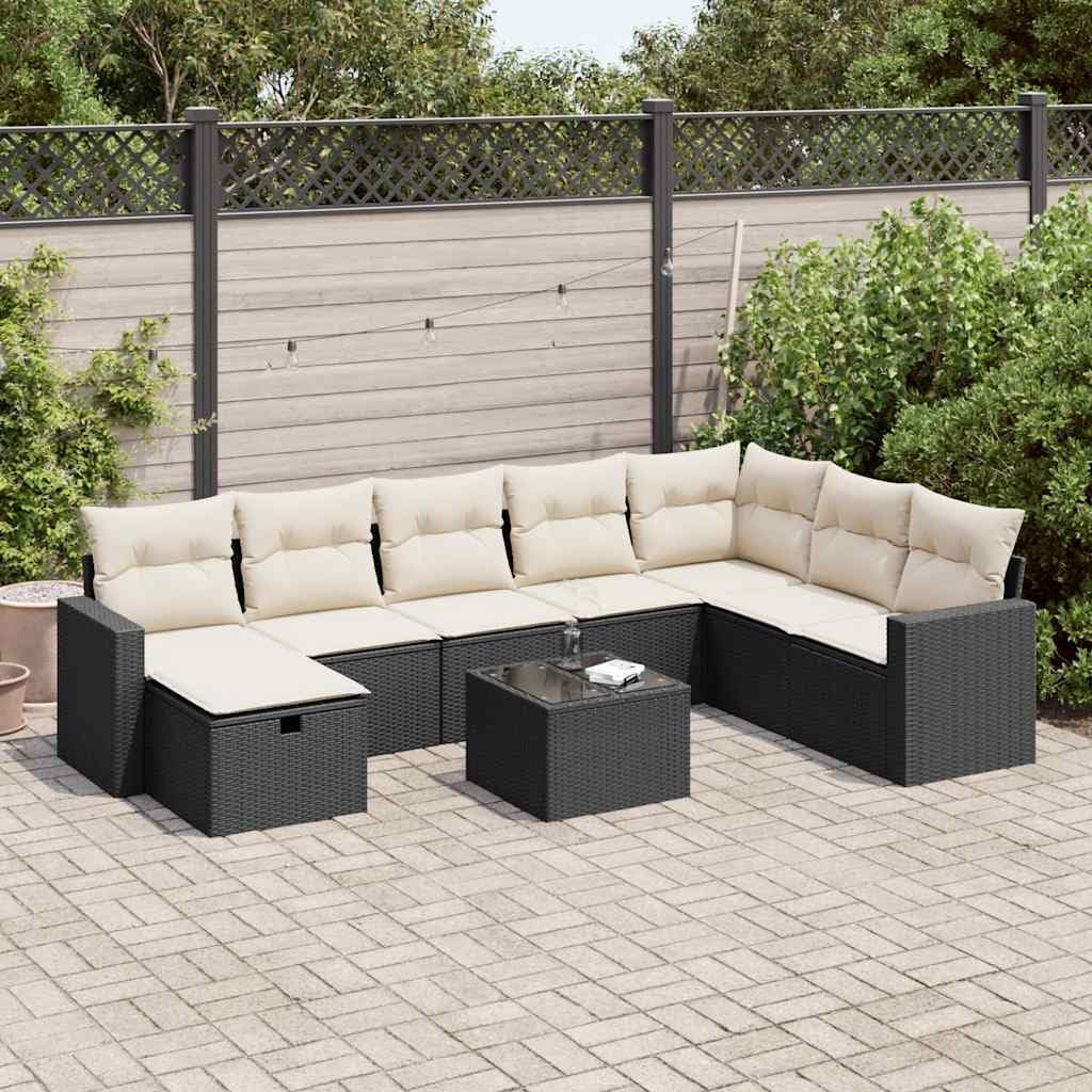9-Piece Modular Garden Sofa Set, Black Poly Rattan Patio Furniture with Cream White Cushions, Outdoor Dining Table, Storage, Balcony Furniture