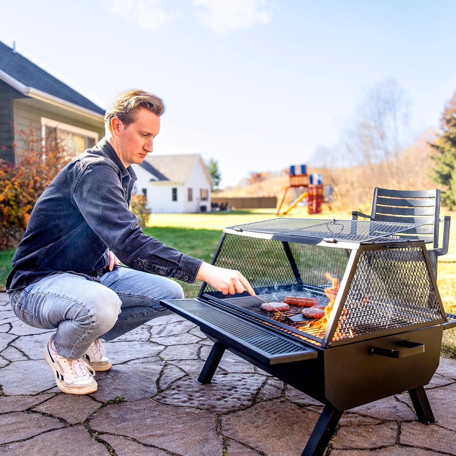 Sunnydaze 36-Inch Steel Outdoor Fire Pit with Grill and Spark Screen - PVC Protective Cover - Heat-Resistant Finish - Black