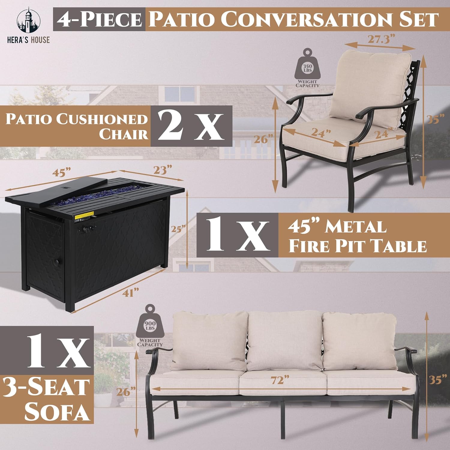HERA'S HOUSE 4 Pieces Patio Furniture Set with Fire Pit Table, 2 x Single Chair, 3-Seat Sofa with 45