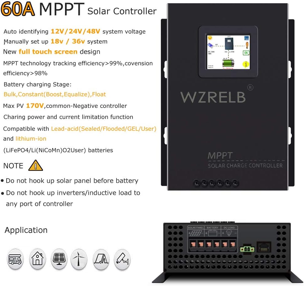 WZRELB New 60A MPPT Solar Charge Controller 12V/24V/48 Auto , 18V/36V Manual Max PV 170V,LCD Full Touch Screen Design,Battery Charger Controller