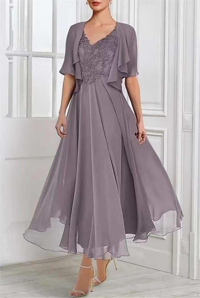 2 Piece Tea Length Mother of The Bride Dresses with Jacket A Line Formal Evening Gown with Pockets