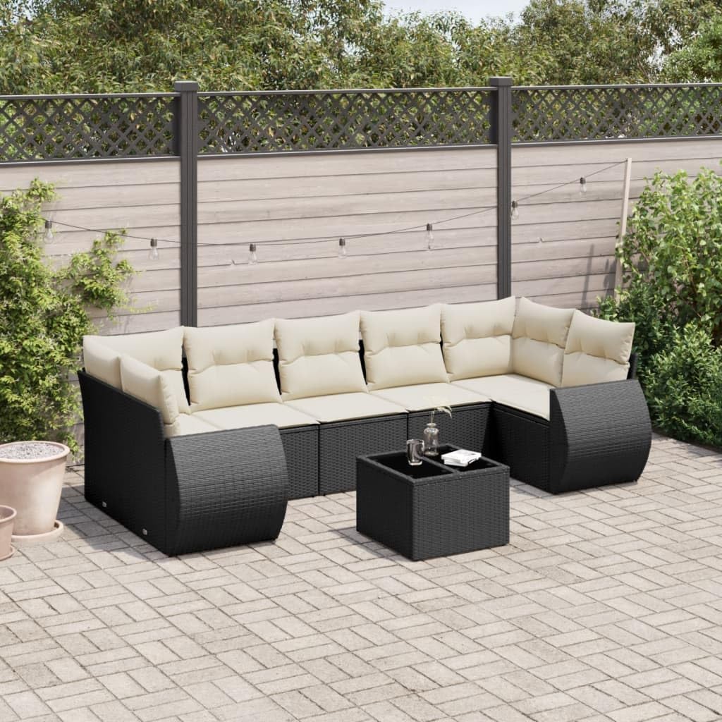8 Piece Garden Sofa Set with Cushions, Black PE Rattan Outdoor Furniture, Adjustable Feet for Patio, Modern Water-Resistant Seating with Storage Compartments