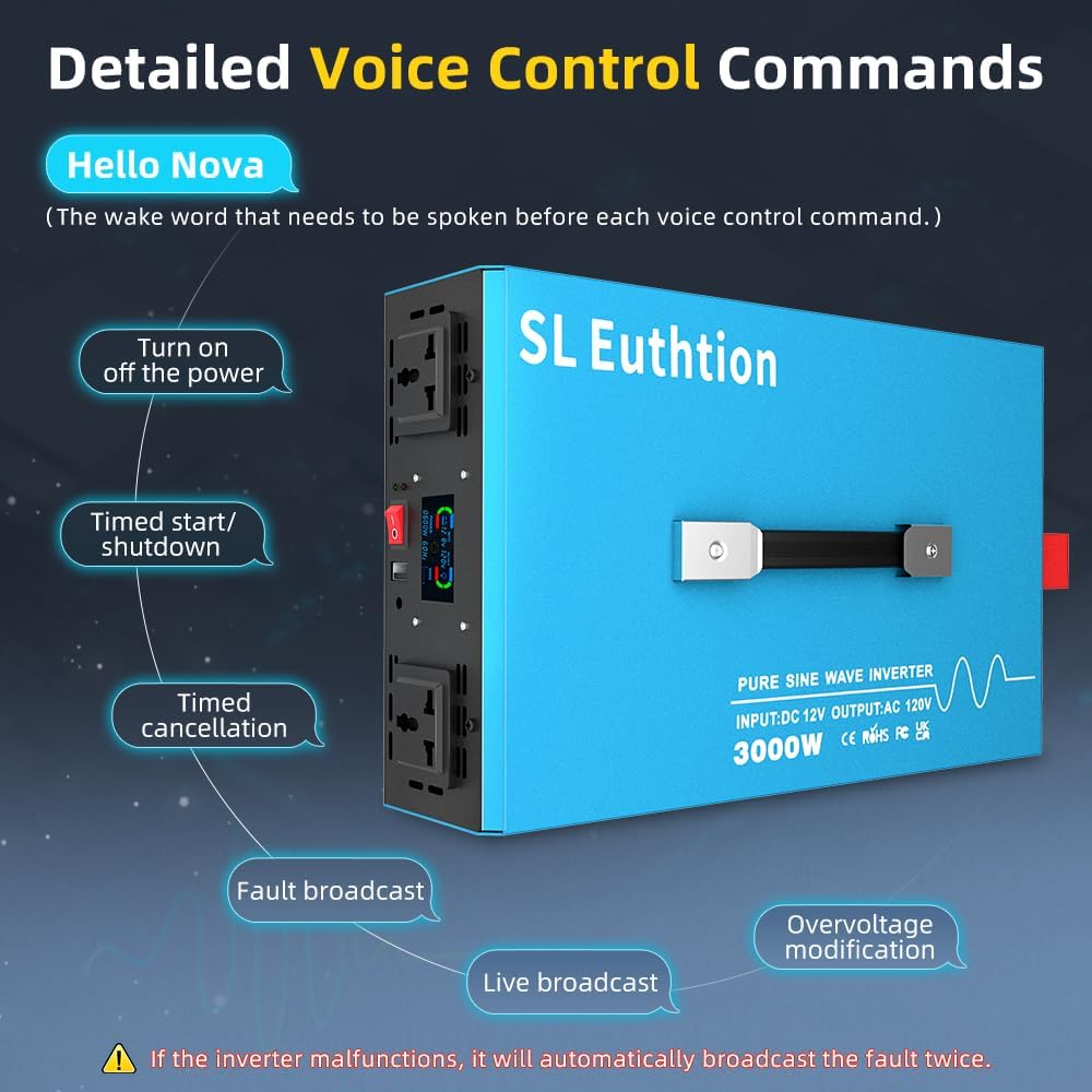 3000W Pure Sine Wave Power Inverte rvoice Control AI Voice Assistant Support English 24V to 120V 60HZ with LCD Display, USB Port, for Car Home Laptop Truck