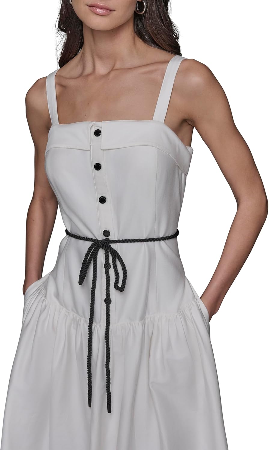 Karl Lagerfeld Womens Sleeveless Button Detail Cotton Midi Dress