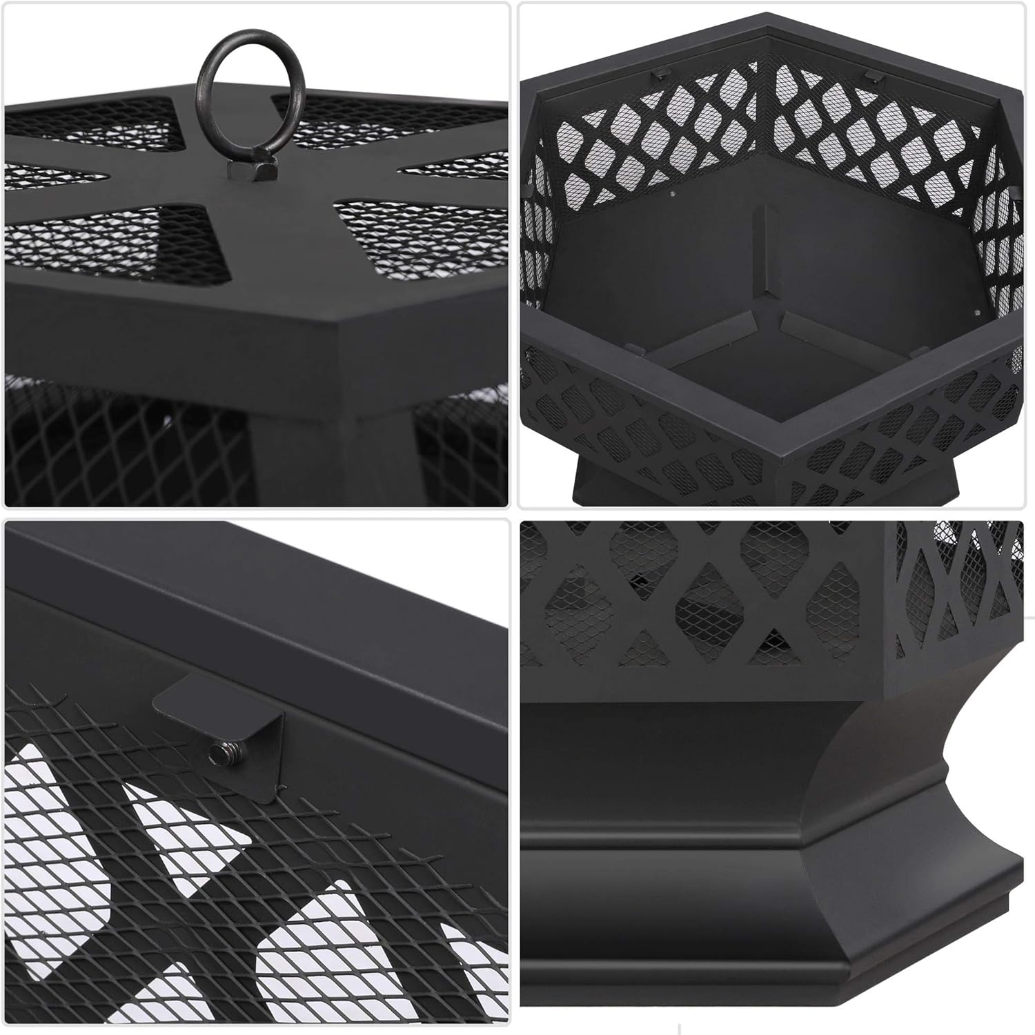 Topeakmart Portable Fire Pit Outdoor Firepit with Mesh Sides Cover Poker Steel Heater Fireplace Wood Burning Pit Hexagon Shaped Fireplace Metal Brazier 24in