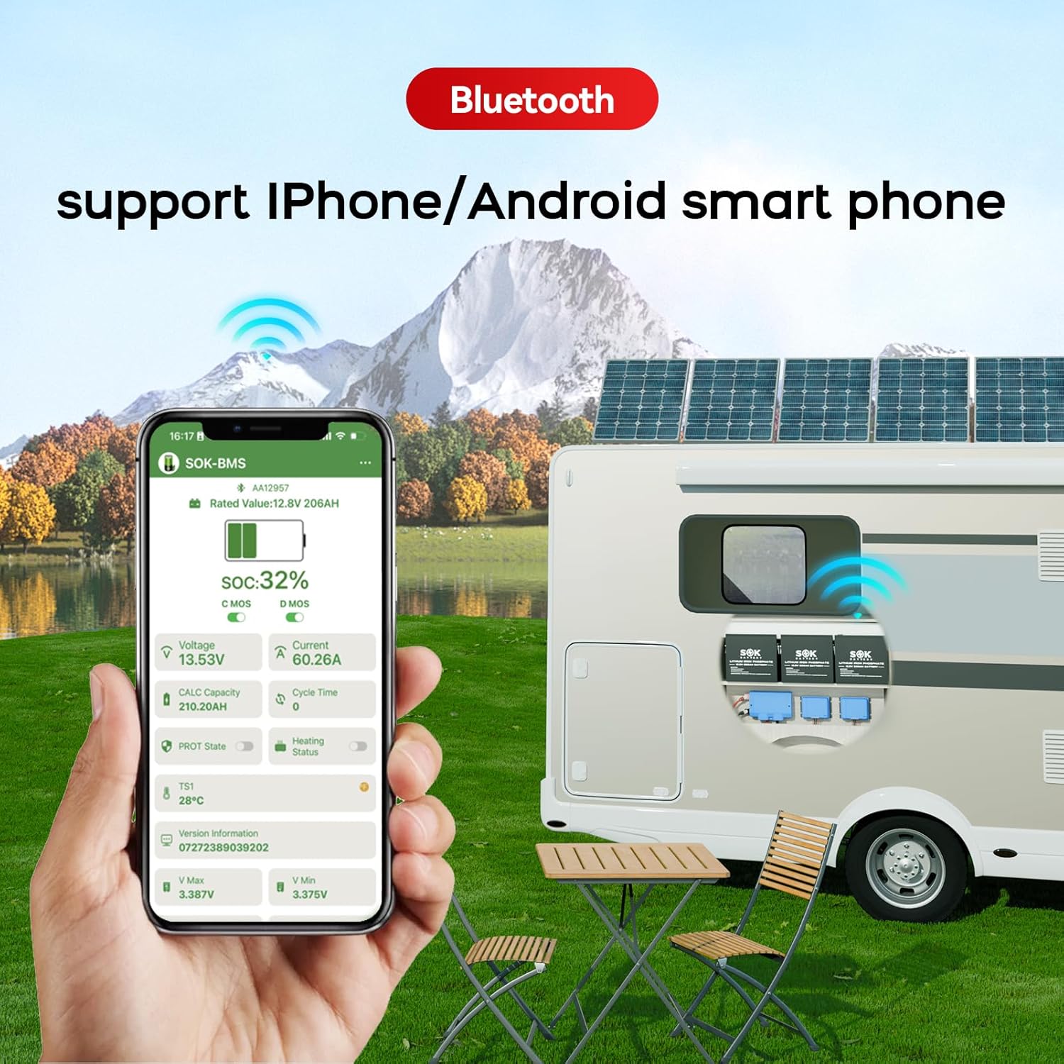 SOK Battery 100Ah 12V LiFePO4 Battery Deep Cycle Lithium Iron Phosphate Battery 12 Volt with Low Temp Protection, 100A BMS Ideal for RV, Solar, Wind, and Off-Grid Use