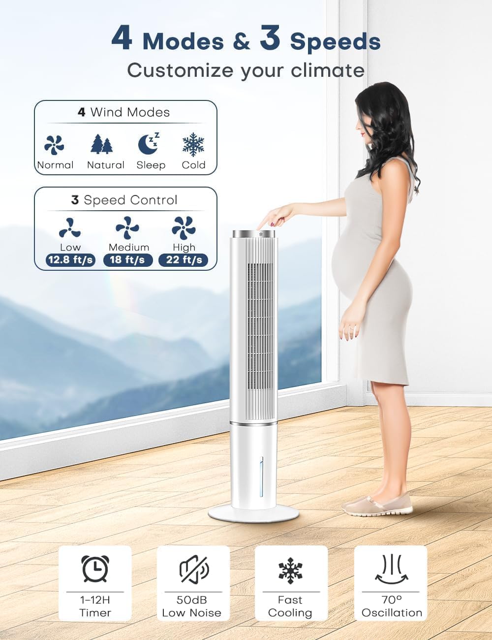 42 INCH Evaporative Air Cooler w/Remote &LED Touch Screen, 4 Mode &3 Speed, 1-Gal Tank for 15H Cooling, 12H Timer for Auto Off, 70°Oscillation Portable Swamp Cooler, Air Cooler for Room Patio