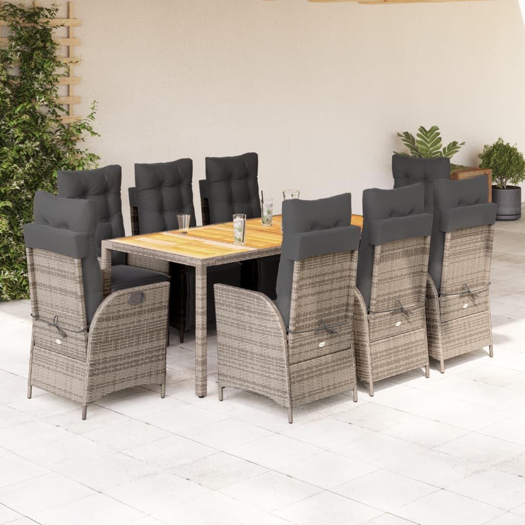 9 Piece Patio Dining Set with Cushions Gray Poly Rattan,Outdoor Wicker Patio Set with Adjustable Reclining Lounge Chairs and Comfortable Seat Cushions Furniture Sets for Patio, Lawn & Garden