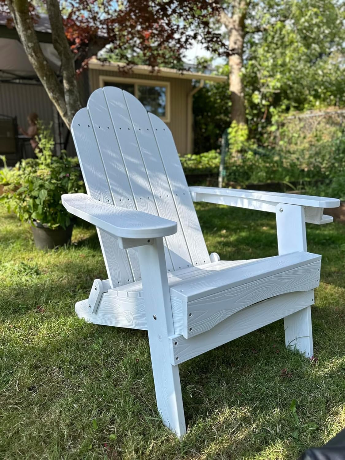 LUE BONA Folding Adirondack Chair, Chairs Set of 4, Cup Holder, Woodgrain, Fire Pit, Patio, Pool, White