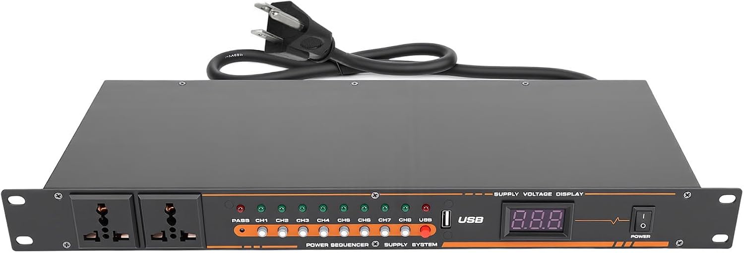 Yunseity 10 Outlet Power Sequencer Conditioner, Independent Power Switch USB Port with Digital Screen Voltage Display, for Home Theater Stage Studio Audio Equipment (US Plug)