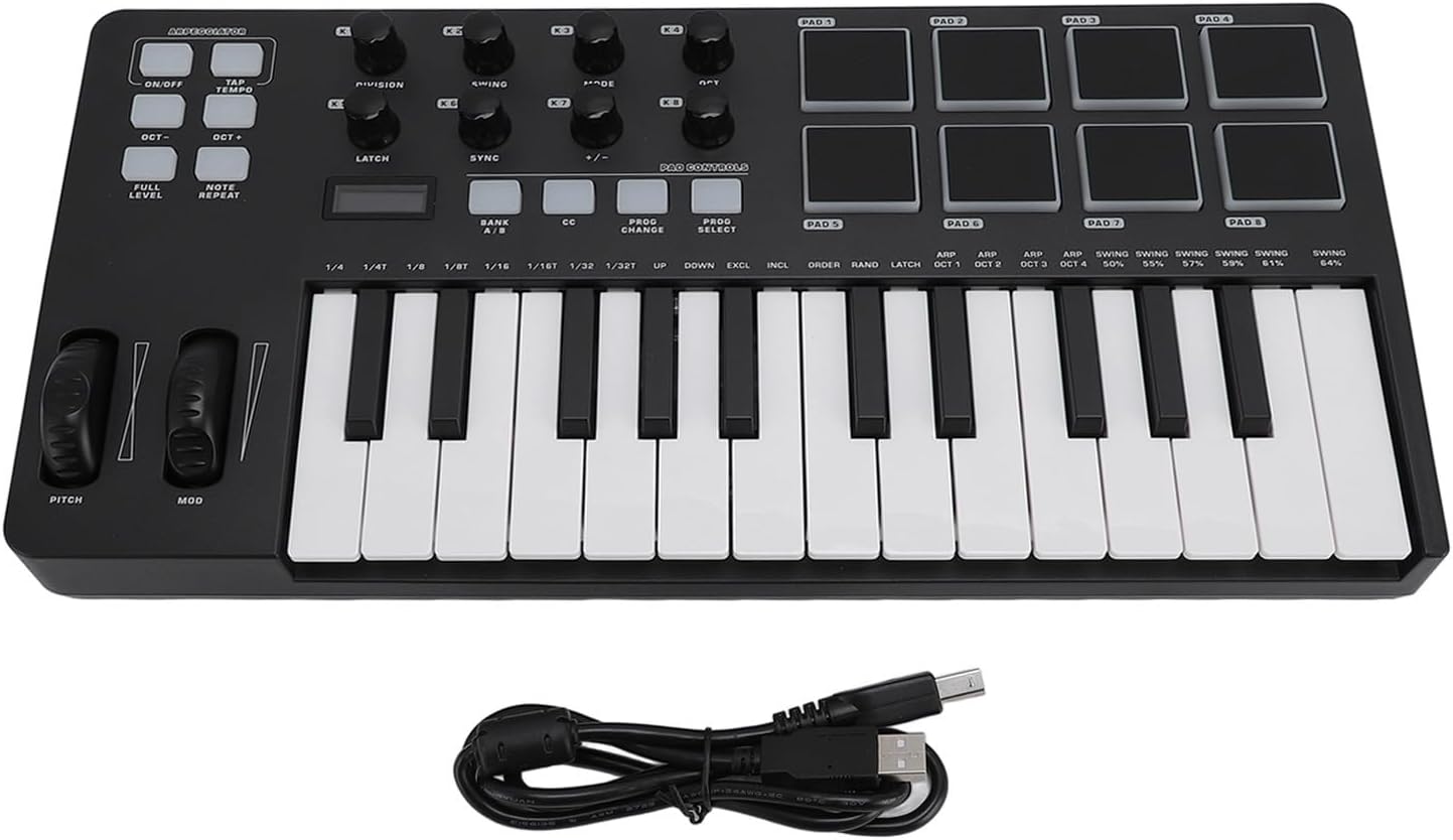 Focket USB MIDI Keyboard Controller, 25 Key with Arpeggiator Chord Mode for Integration Music Production Backlit Drum Pads Velocity Sensitive Keys Compact Lightweight Portable for