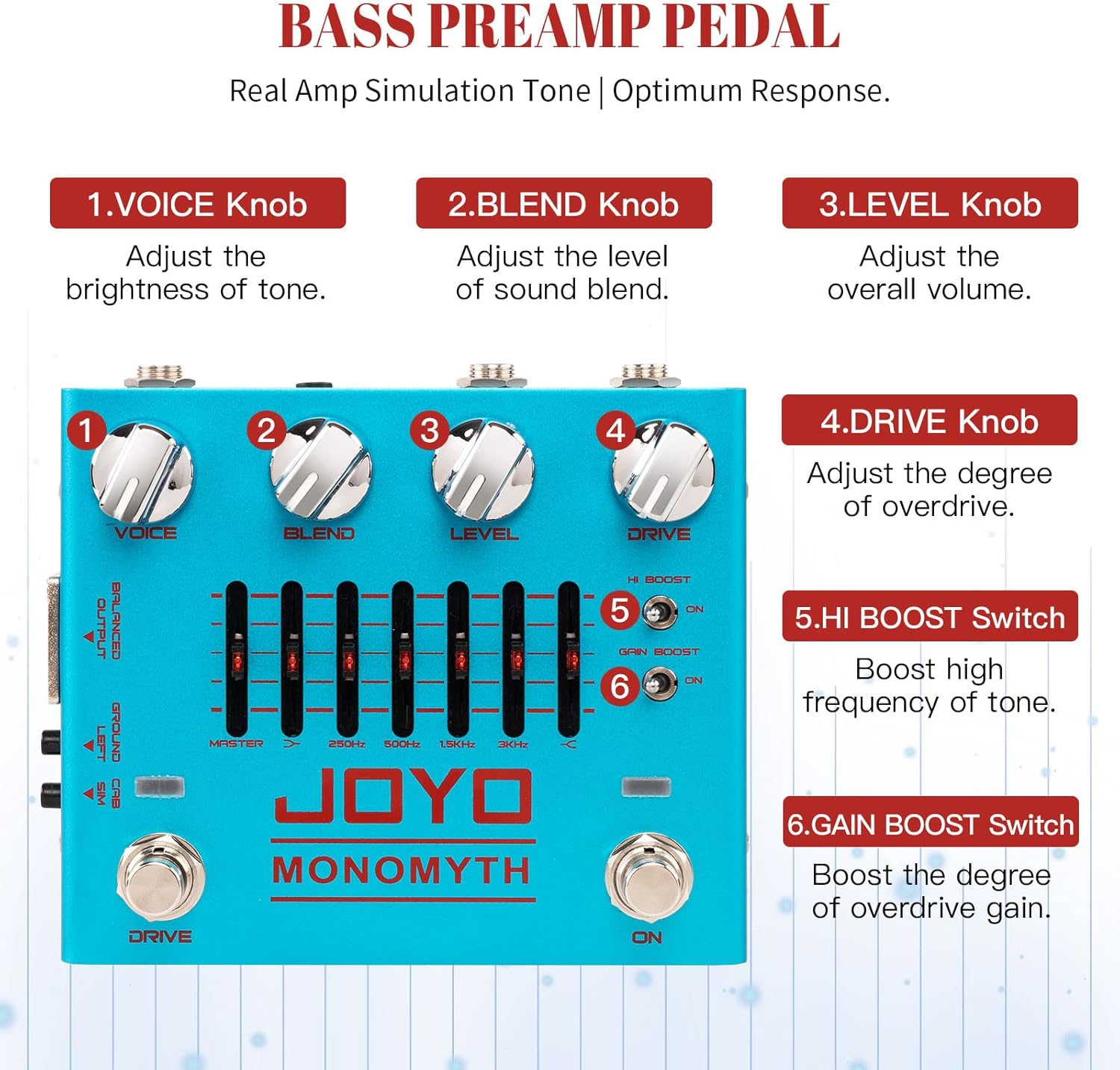 JOYO Bass Guitar Pedals Overdrive Amp Simulator Effect Pedal (MONOMYTH R-26) Bundle with JOYO DC 9V 500mA Guitar Pedal Power Supply Adapter