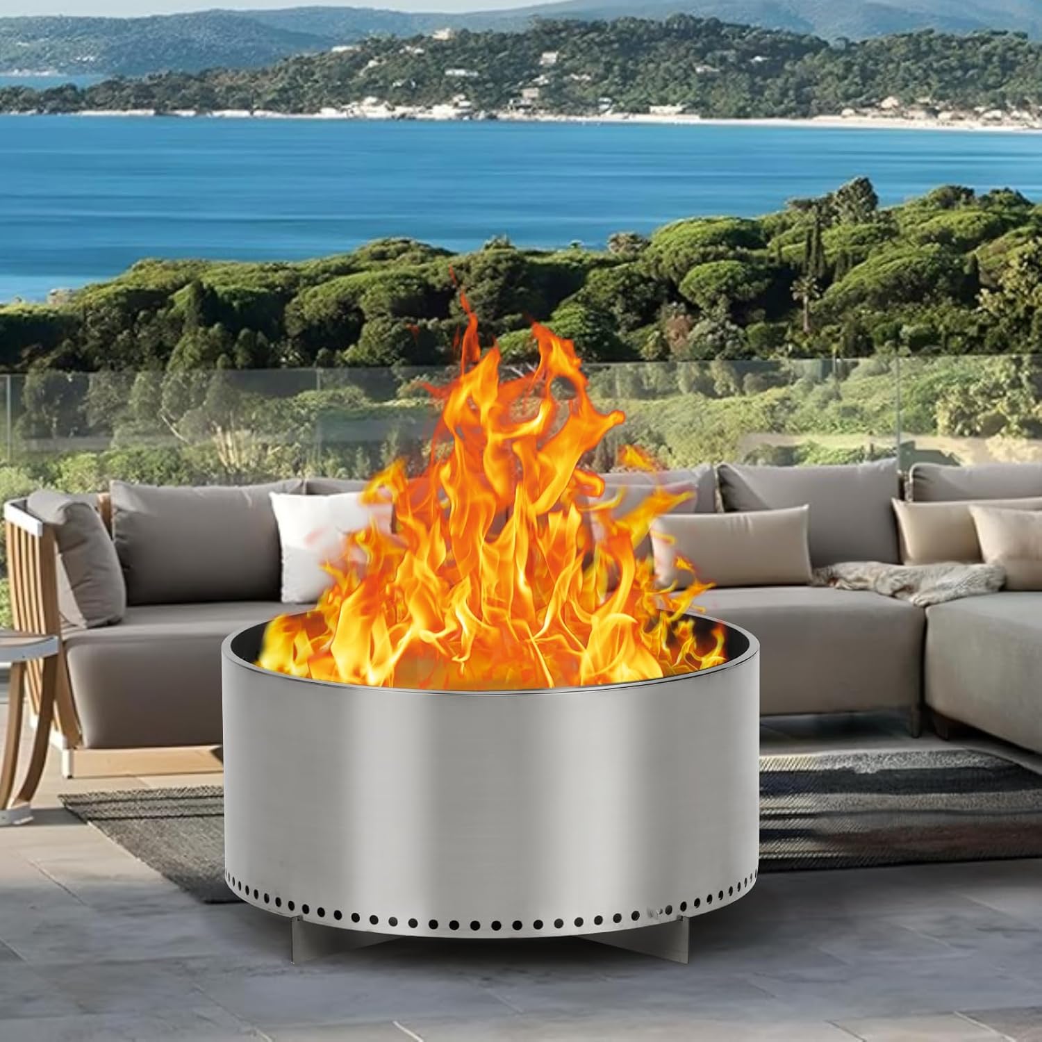 Outdoor Fire Pit Smokeless with Air Switch, Portable Stainless Steel Firepit for Camping Backyard Patio Bonfire - 360° Wide Warmth, Removable Ash Pan, Wood Burning Stove - Silver