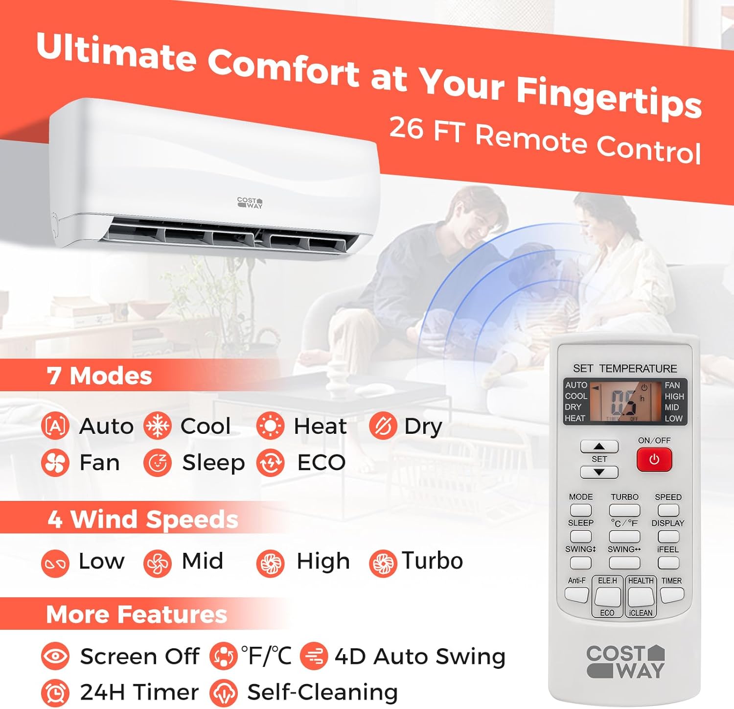 COSTWAY 24000BTU Mini Split Air Conditioner& Heater,18.5 SEER2 208-230V Wall-Mounted Ductless AC Unit Cools Rooms up to 1500 Sq. Ft, Energy Efficient Inverter AC w/Heat Pump (Blast Series)