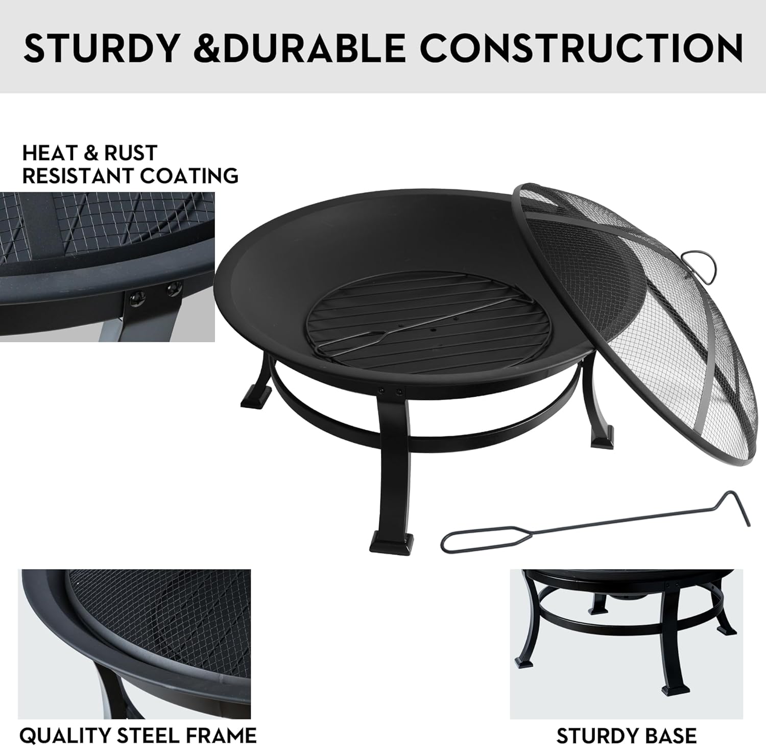 Bestier 30 in Outdoor Wood Burning Fire Pit with Mesh Lid and Fire Picker - Durable Steel Fire Pits for Outside, Fire Pit for Backyard, Porch, Deck, Camping