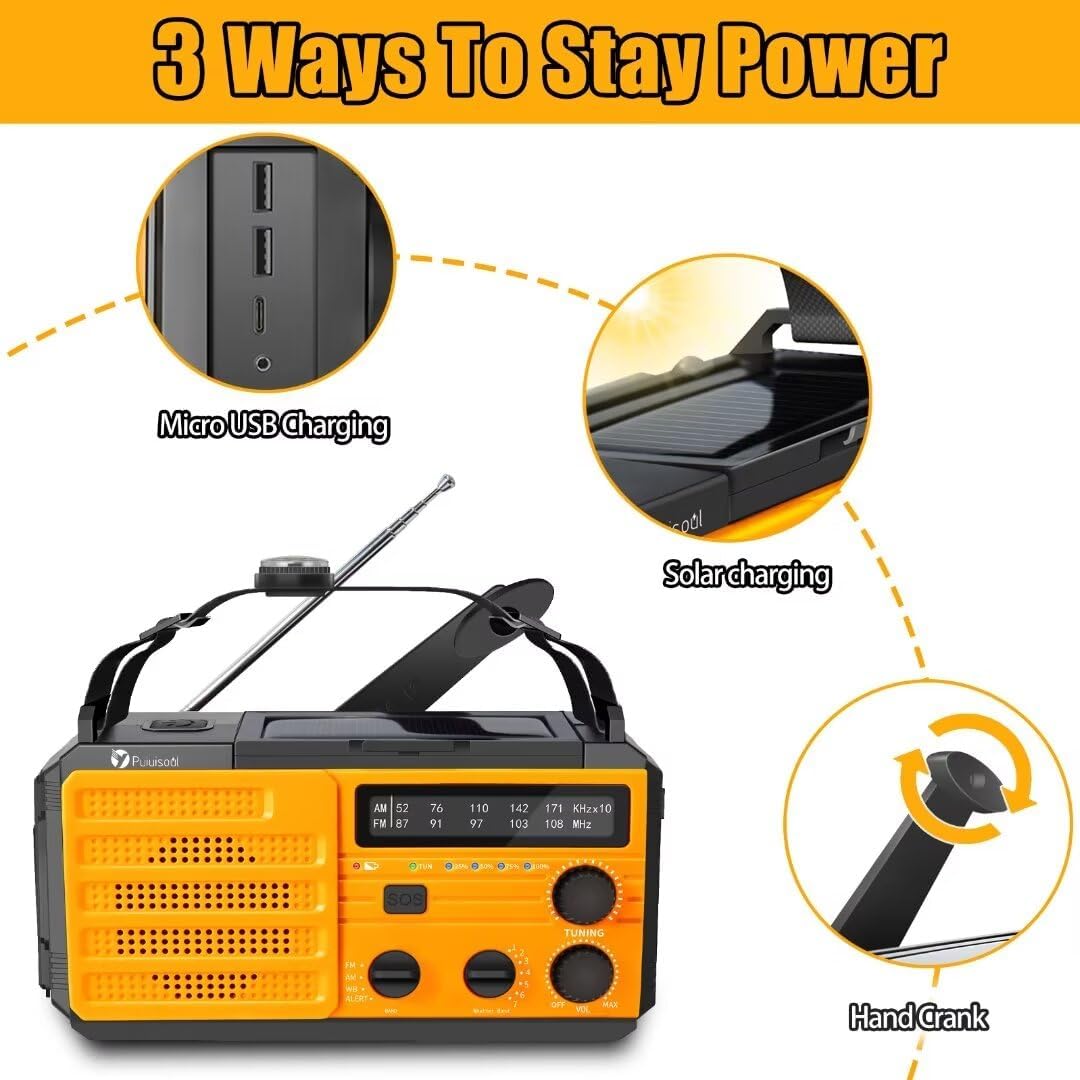 Emergency-Radio,Puiuisoul 8000mAh Portable Weather Solar Radios with Hand Crank,Reading Lamp,3 Gear LED Flashlight,SOS Alarm,AM/FM/NOAA,Headphone Jack