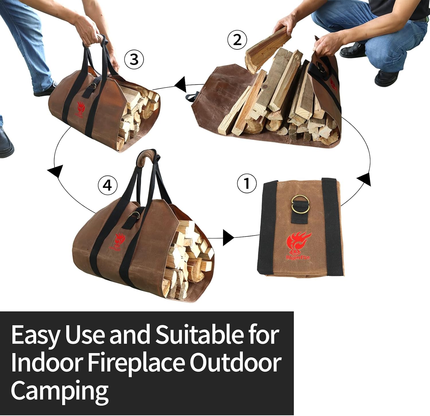 Foldable Portable Fire Pit,Stainless Steel Fire Pits with Charcoal Grill Net and Storage Bag and Firewood Carrier Bag 38x18 Inches Waxed Canvas Log Carrier Tote