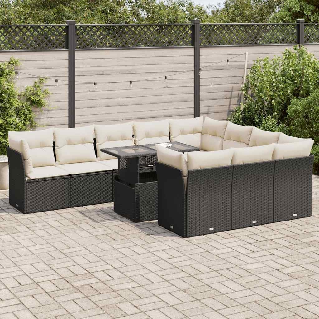 11 Piece Black PE Rattan Garden Sofa Set with Adjustable Armrests and Cream Cushions, Modular Outdoor Furniture for Patio, Weather-Resistant Lounge Seating with Storage