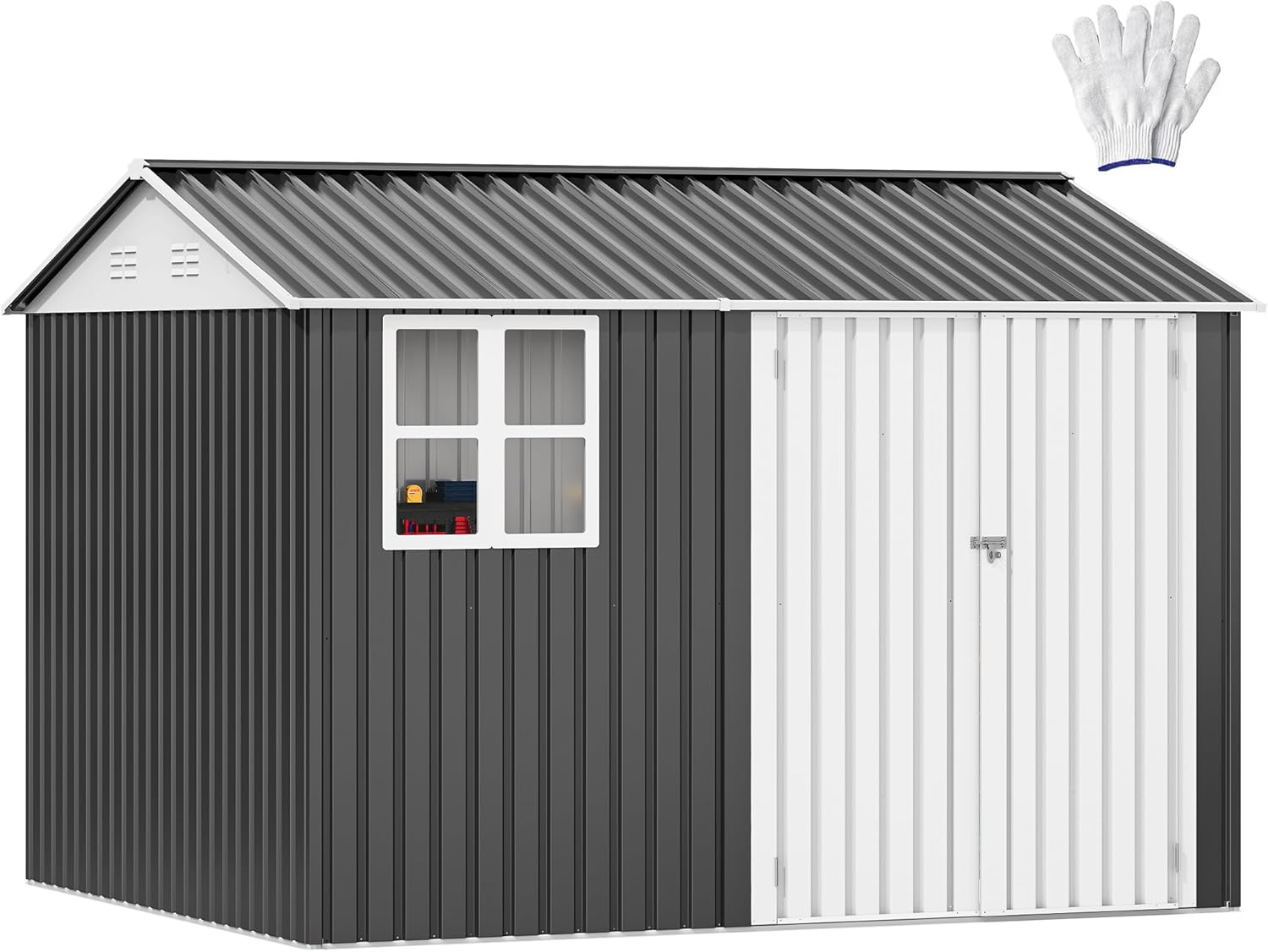 DWVO 10x8ft Metal Outdoor Storage Shed with Window, Lockable Tool Storage Sheds, Oversized Steel Garden Sheds with Sloped Roof for Backyard, Patio, Garage, Lawn (Gray + White)