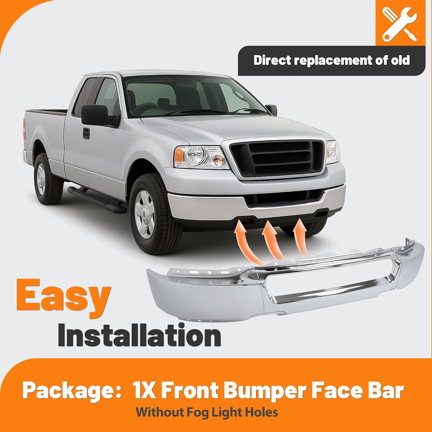 KUAFU Front Bumper Face Bar w/o Fog Light Cutouts Compatible with 2004-2006 Ford F-150 Direct Replacement for 4L3Z17757AA FO1002388 Mounting Accessories Not Included Steel Chrome Silvery