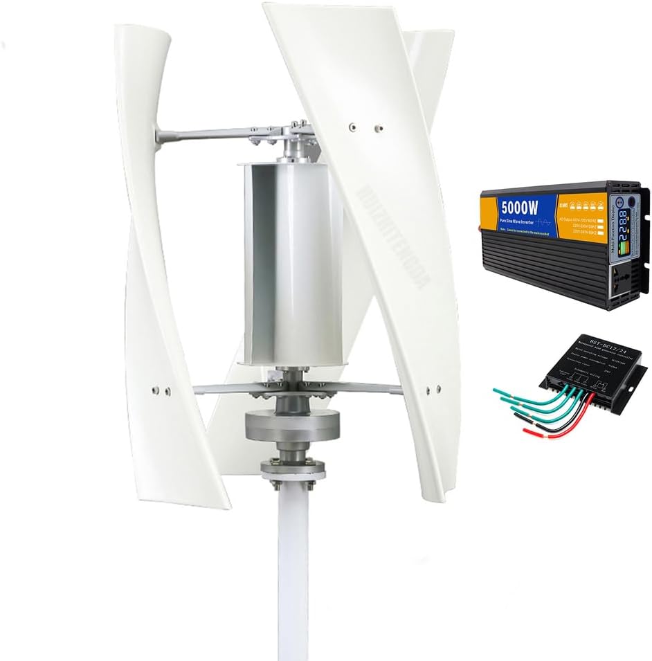 12V-220V 3 Blades Home Wind Turbines,5000W No Noise Vertical New Energy Wind Turbine, with Mppt Controller for Solar Panels Off-Grid Systems (White)