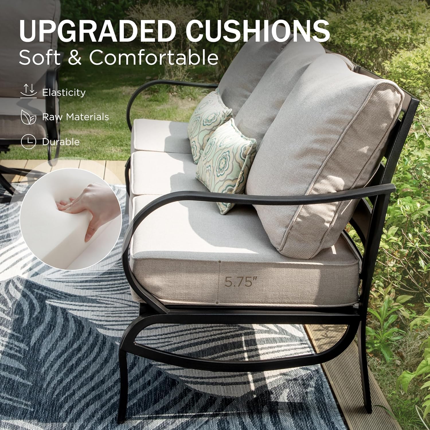 PHI VILLA 6 PCS Patio Furniture Set with FirePit Table, Outdoor Conversation Set with 1 x 72 Deep Seating Sofa Bench, 1 x 45 Gas Firepit Table, 2 x C-Base Sofa Chairs, 2 x Metal Cushioned Ottoman