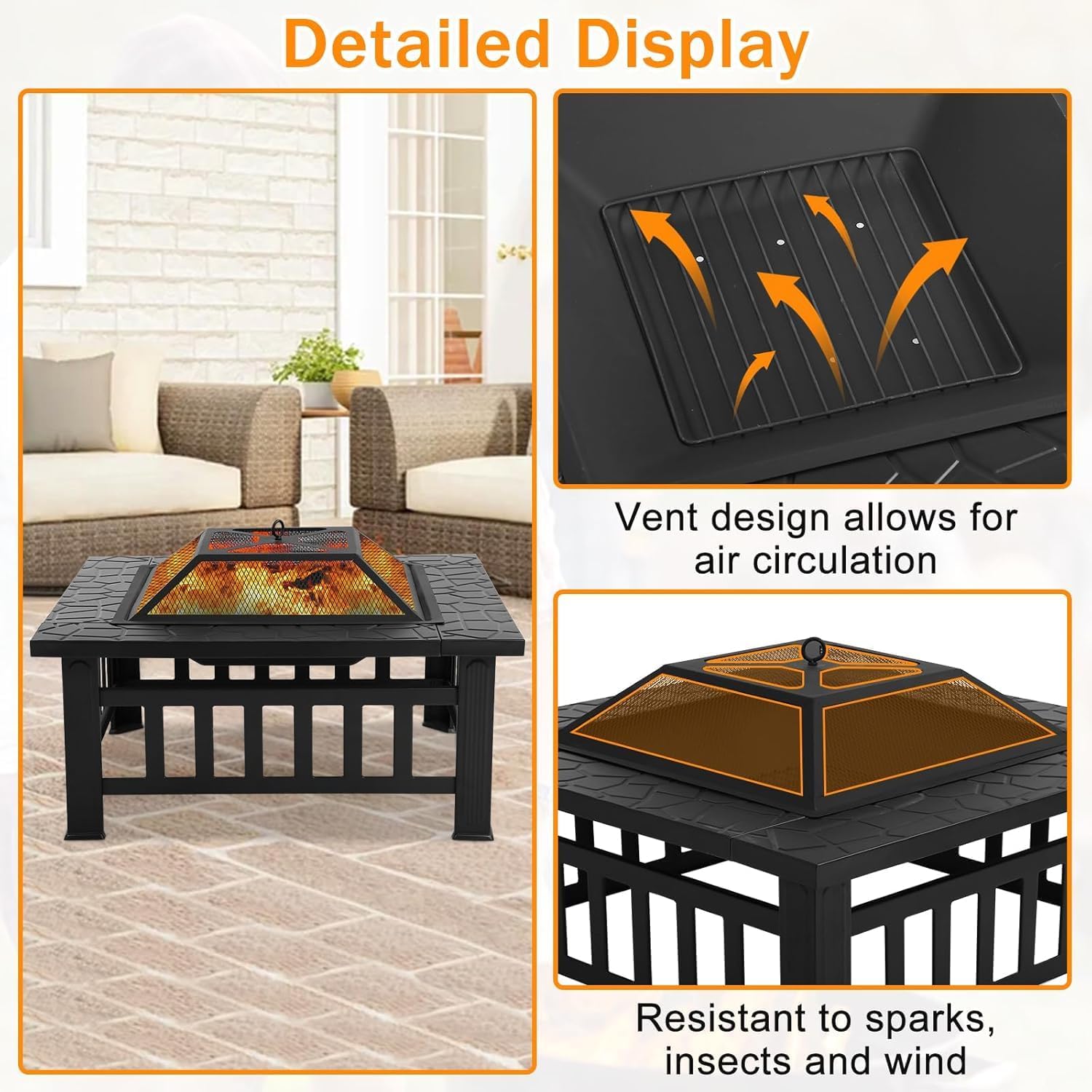 Bigacc Outdoor Fire Pit Wood 32in Square Metal BBQ Firepit Stove for Backyard Patio Garden Screen Bonfire Fire Pit with Outside Fireplaces Camping and Poker, Black